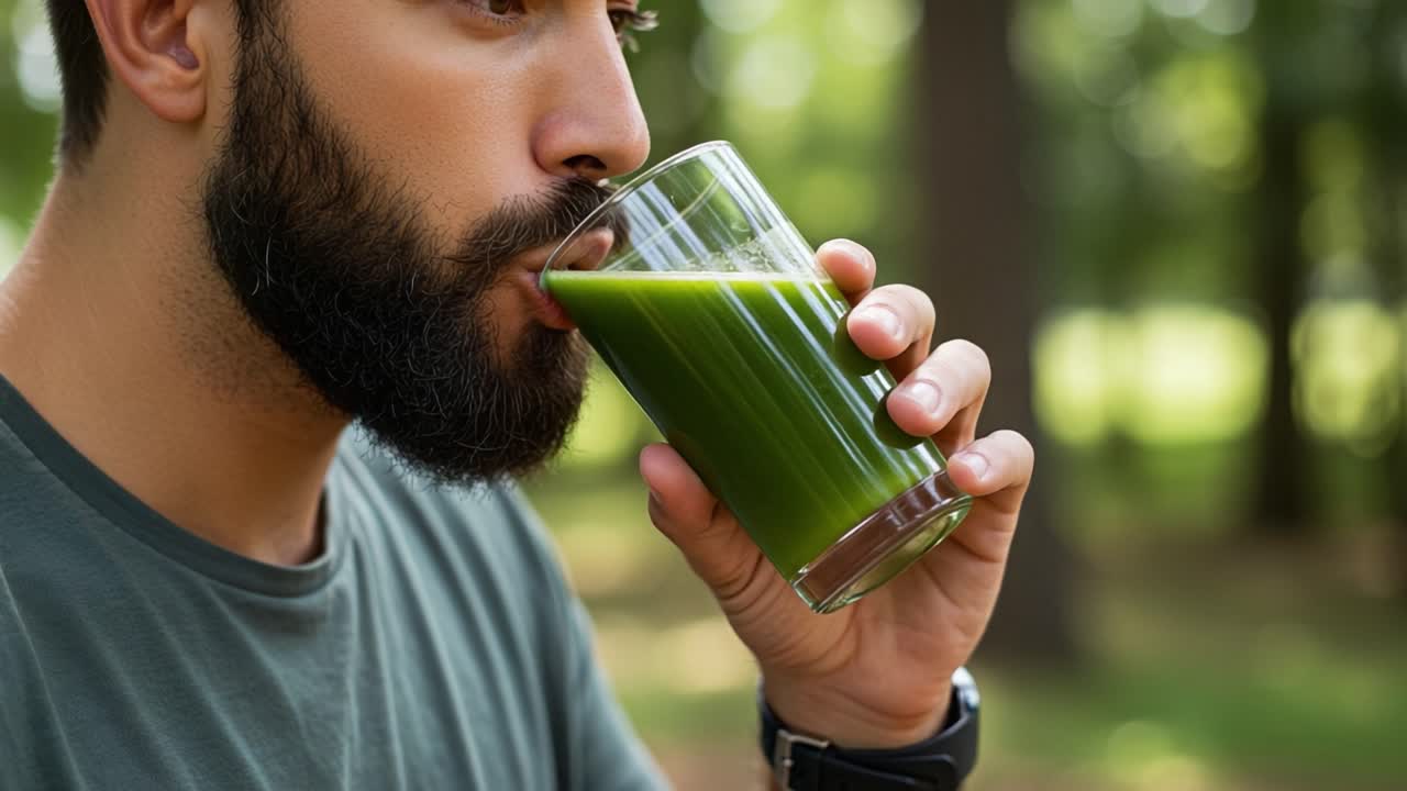 A Man Enjoying a Healthy Green Beverage in Nature, Capturing the Essence of Wellness and Refreshment Amidst a Serene Outdoor Environment