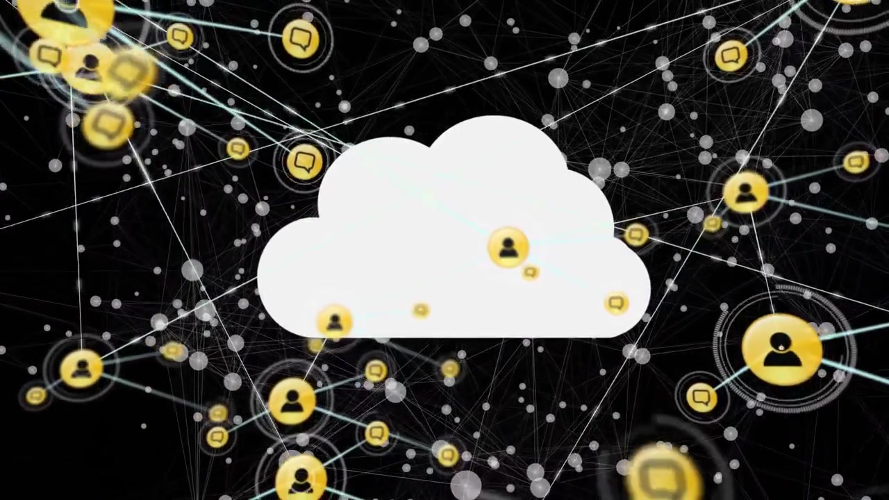 Animation of network of connections and cloud icons over dark background