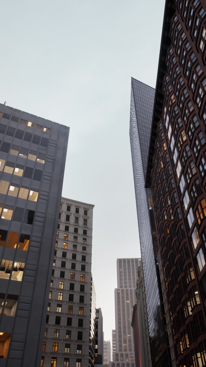 Evening city scene with luminous windows and lively thoroughfares