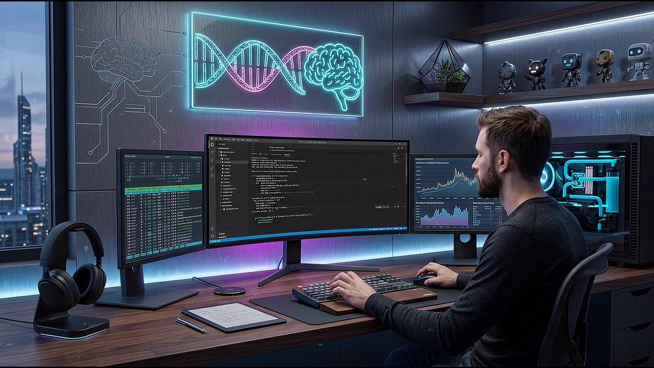 Programmer using multi monitor setup with illuminated interface in creative workspace