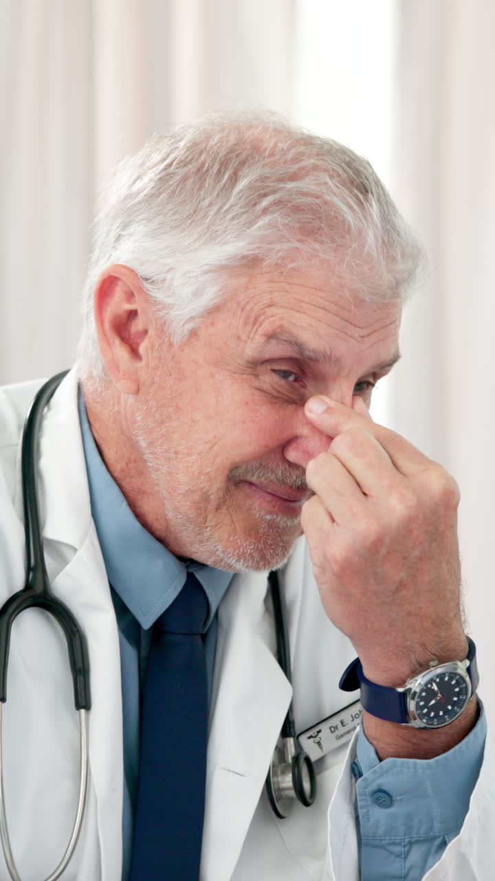 Yorgunluk ve stres belirtisi olarak gözlerini ovuşturan kıdemli bir doktor.