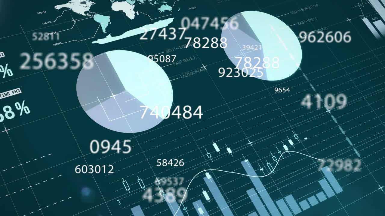 Animation of financial data processing on dark background