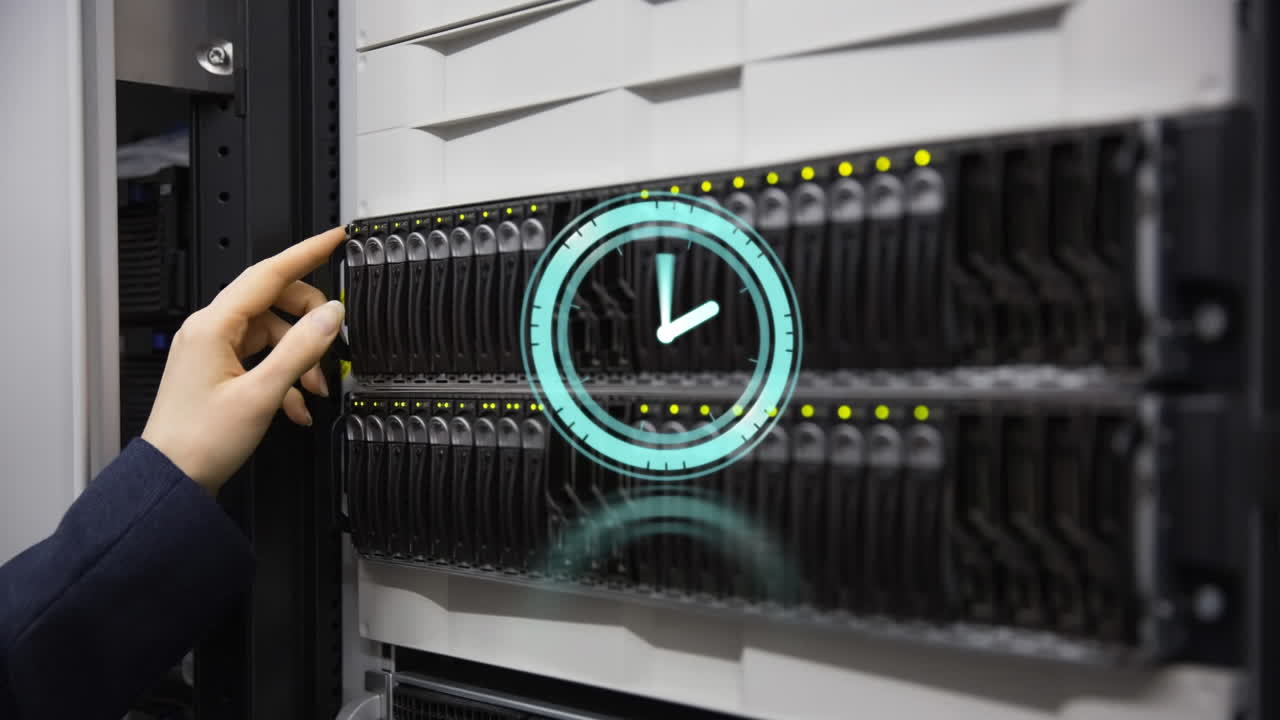 animación de un reloj que se mueve rápidamente sobre la mano de la mujer por un servidor de computadora en la sala de tecnología