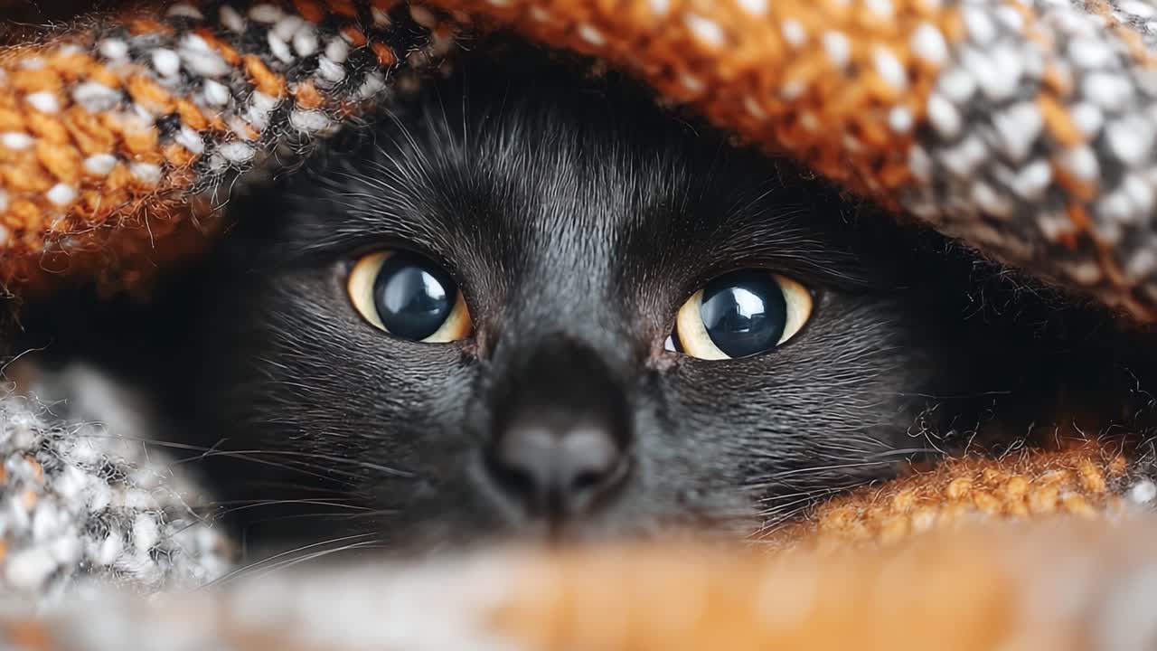 Un Accogliente Gatto Nero Comodamente Rannicchiato Sotto una Coperta Colorata, che Osserva Curiosamente con Grandi Occhi Luminosi, Aggiungendo un Tocco di Calore all'Ambiente Freddo