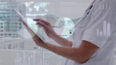 animation of data processing over caucasian female doctor using tablet