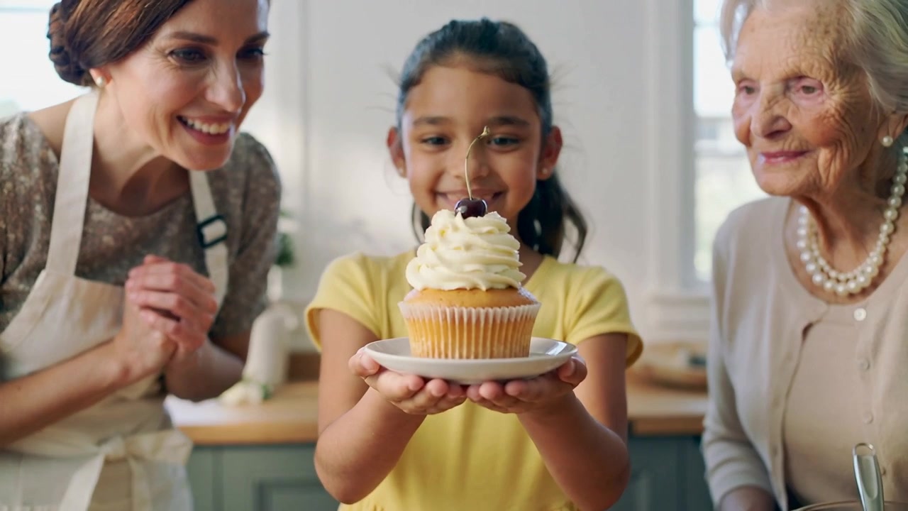 Dopo aver decorato un cupcake, una ragazza in vestito giallo presenta il cupcake al bancone, con ciotole per mescolare.