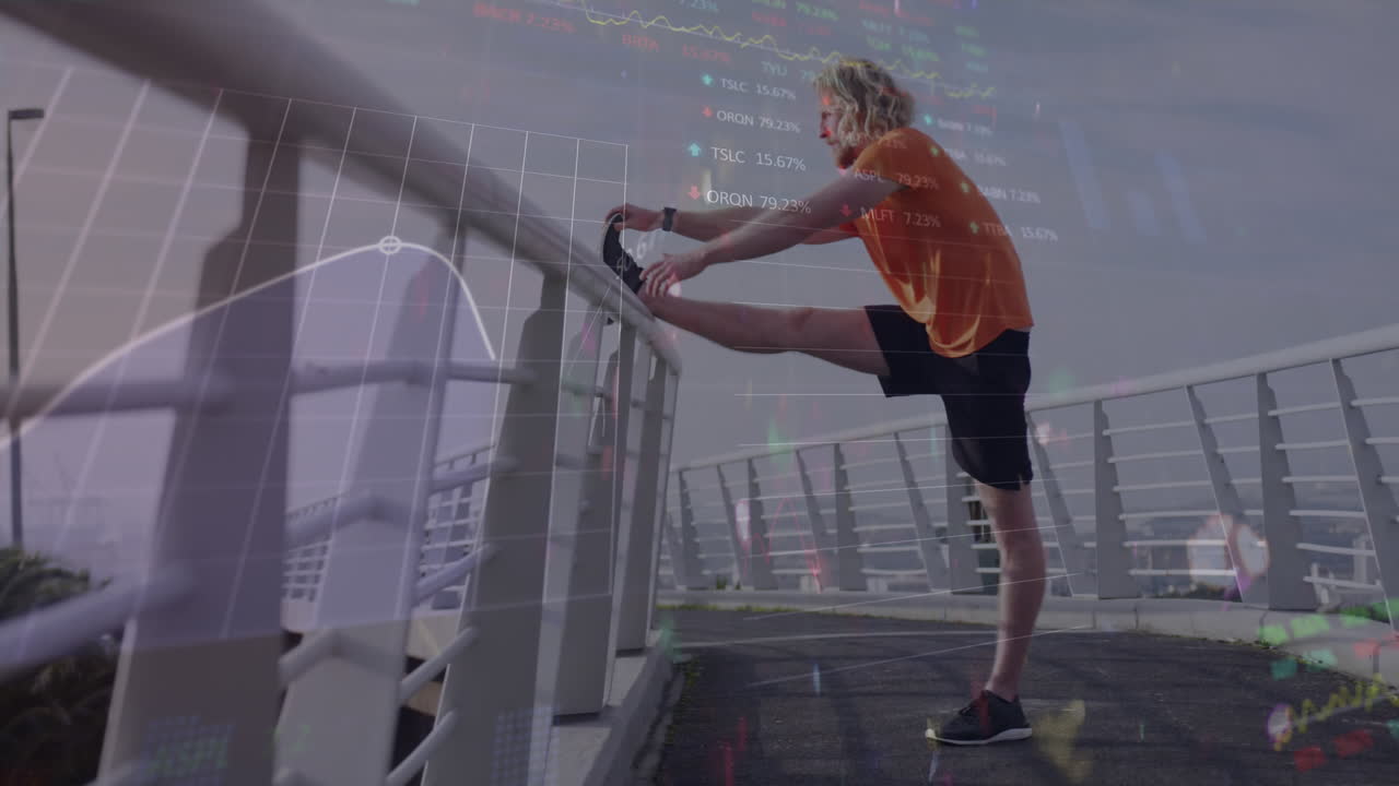 카우카시안 맨 스트레칭 (caucasian man stretching) 에 대한 금융 데이터 처리의 애니메이션