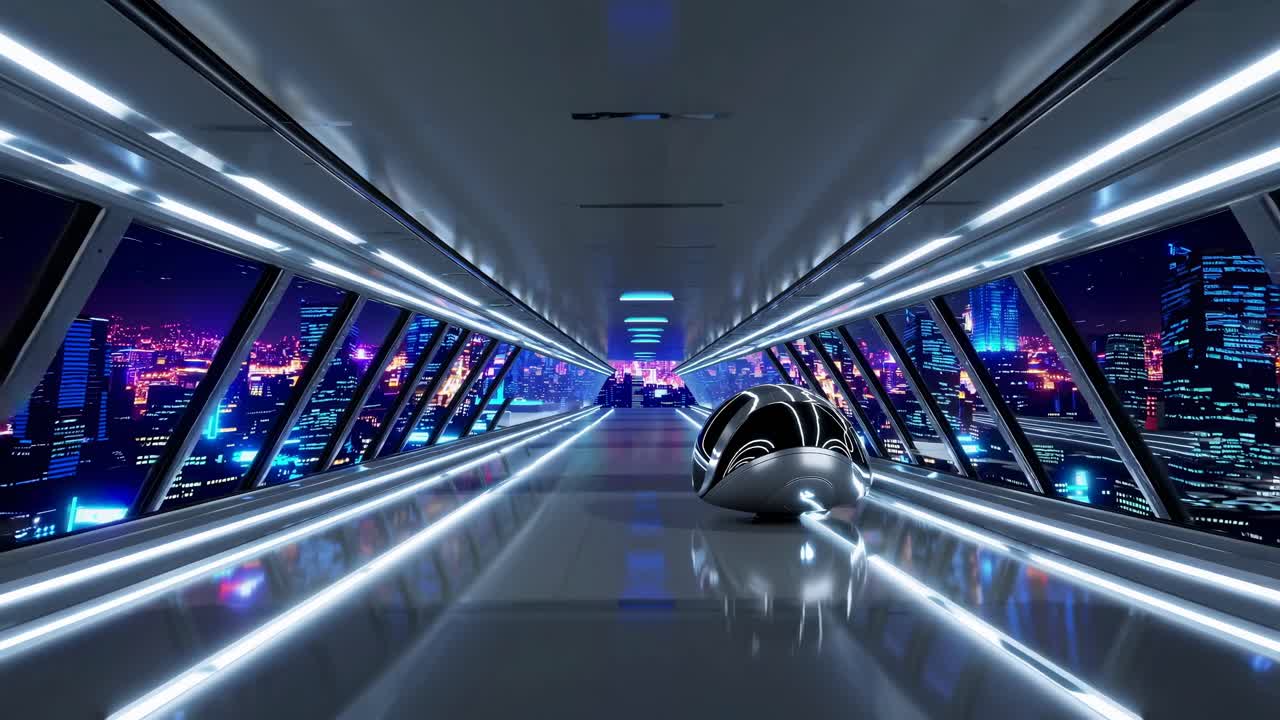 Futuristic Aerial Transit Tunnel Over Night City