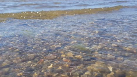 Mar-Báltico-Entran-Pequeñas-Olas,-Agua-Transparente-Podemos-Ver-Pequeños-Guijarros-En-El-Fondo