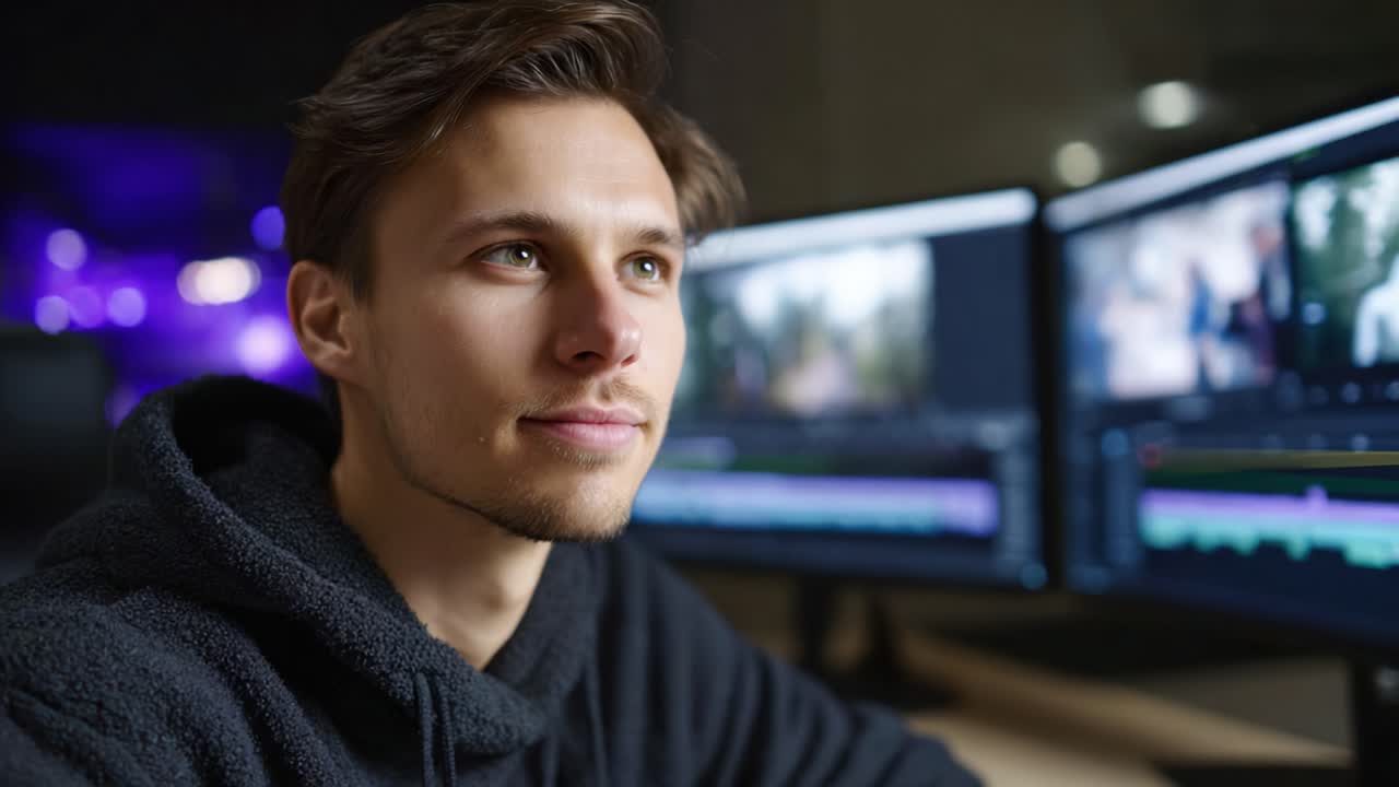 Focused Young Man Engaged in Video Editing at Dual Monitors, Concentrating on Film Editing Techniques, Surrounded by a Modern Digital Workspace Atmosphere