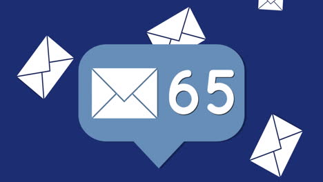 Animation of number of new emails and envelopes floating over blue background