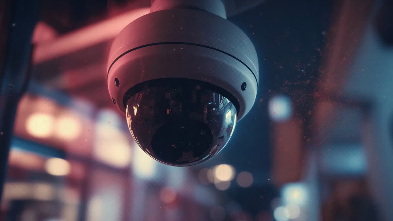 Revealing dome security camera capturing dust motes as right backlight rising at entrance