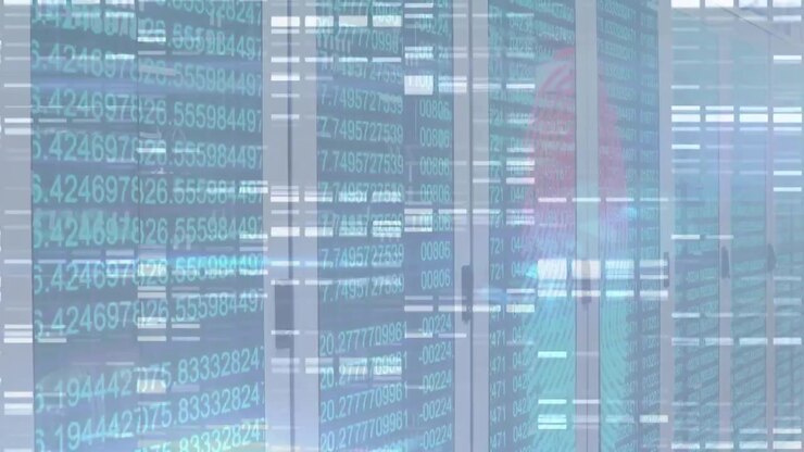 Digital Data Flowing Over Server Racks in a Data Center
