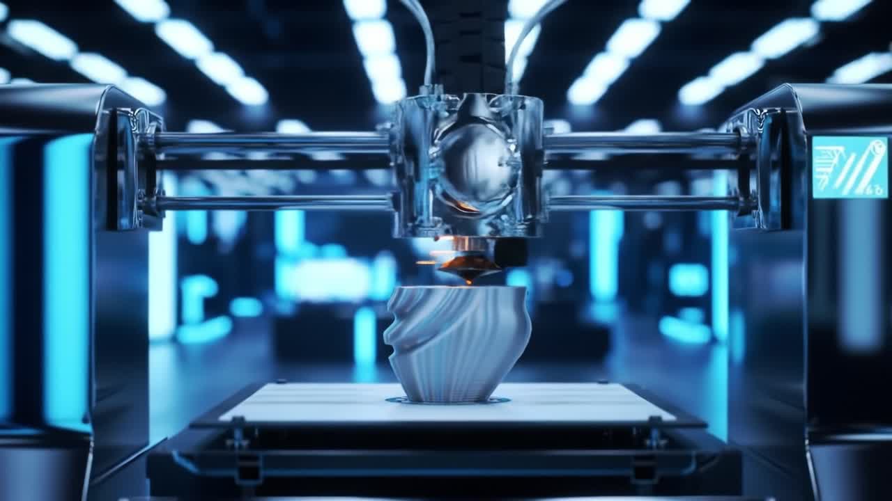 An Advanced 3D Printer in Action Creating a Unique Sculptural Design Under Blue Ambient Lighting in a High-Tech Environment