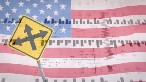 animation of financial data processing over road sign and flag of usa