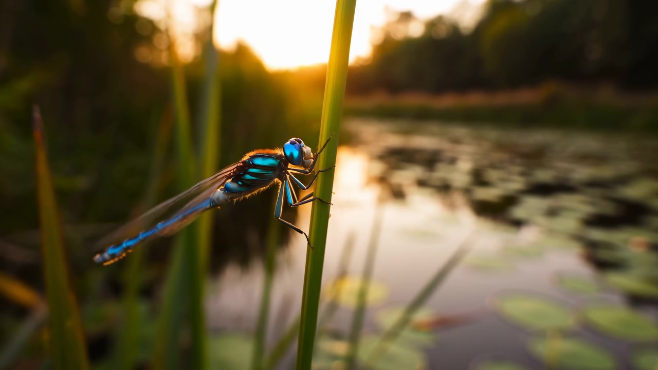 Una damigella blu si aggrappa a una canna alta accanto a uno stagno immobile durante la calda luce del tramonto, con tenui riflessi sull'acqua, ninfee sfocate e un paesaggio naturale pacifico