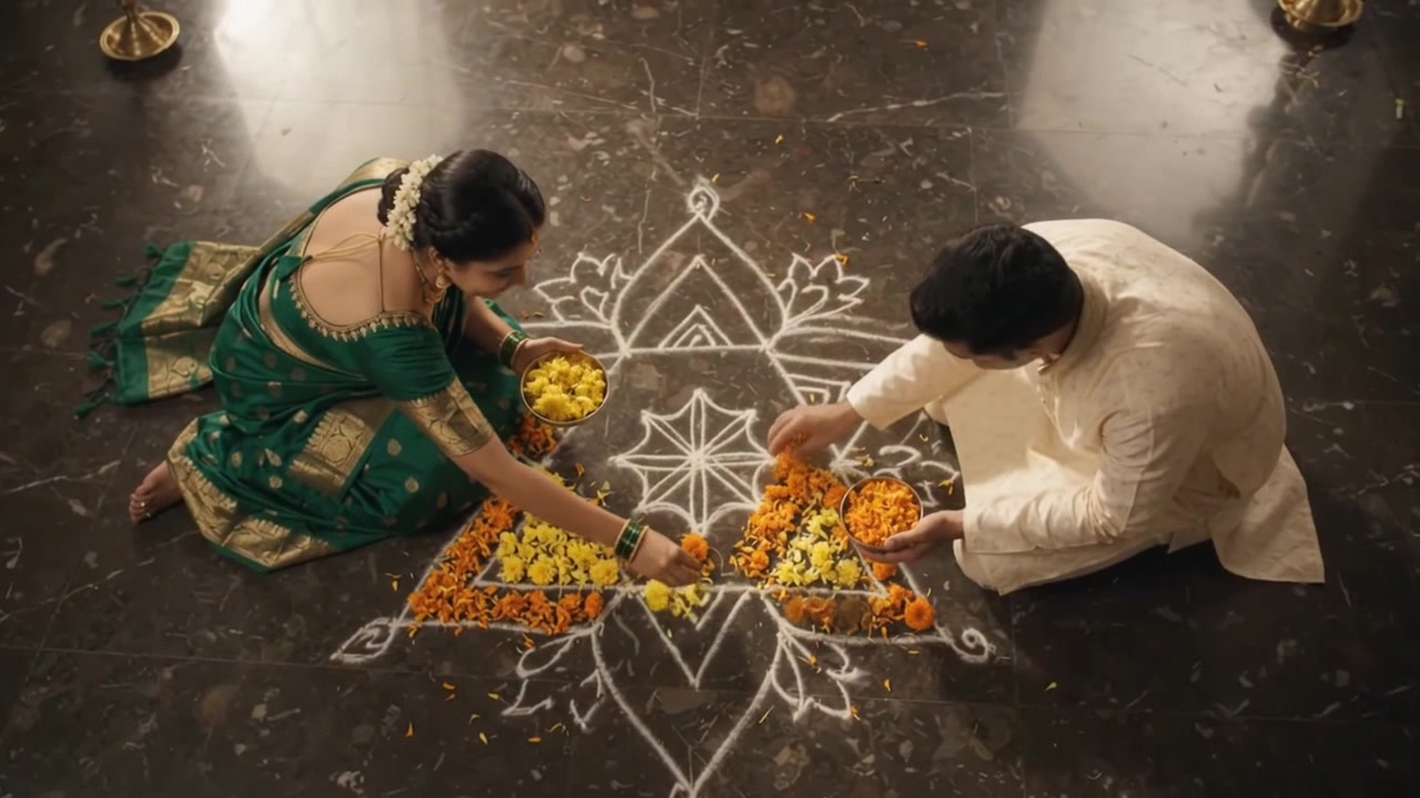 Coppia indiana che decora un Rangoli con petali di fiori per Diwali.