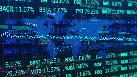 Animation-of-financial-and-stock-market-data-processing-over-world-map-against-blue-background