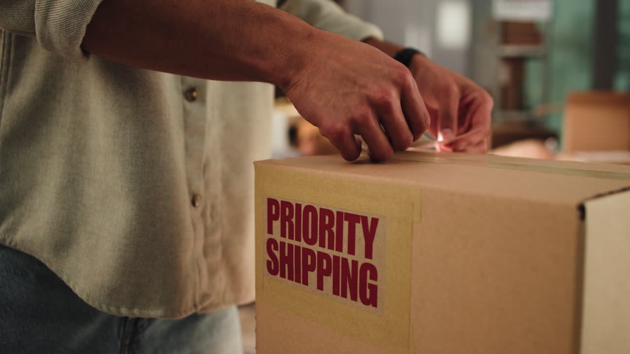 Close Up of Hands Applying Priority Shipping Label to Cardboard Box