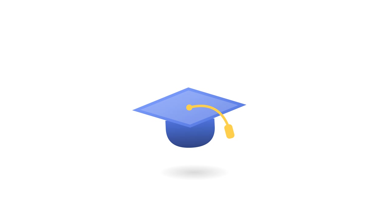 Tocco di laurea blu animato che fluttua su sfondo bianco