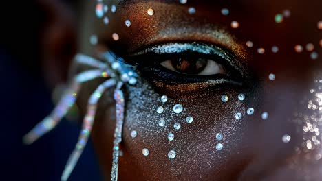 professional model displaying captivating spider makeup, preparing for a halloween party while adorned with dramatic fake eyelashes, sparkling glitter, and shimmering sequins