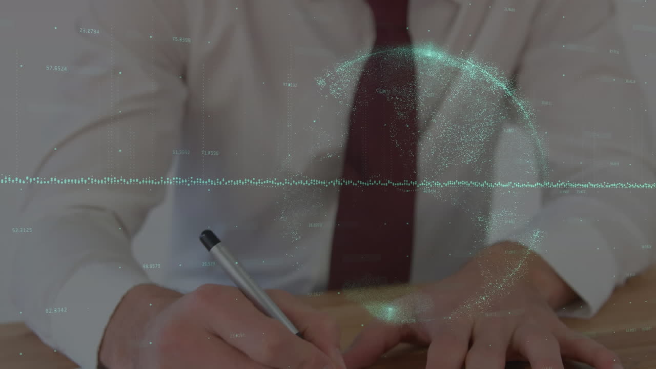 코카시안 사업가 글쓰기에 대한 연결 및 데이터와 함께 지구촌의 애니메이션