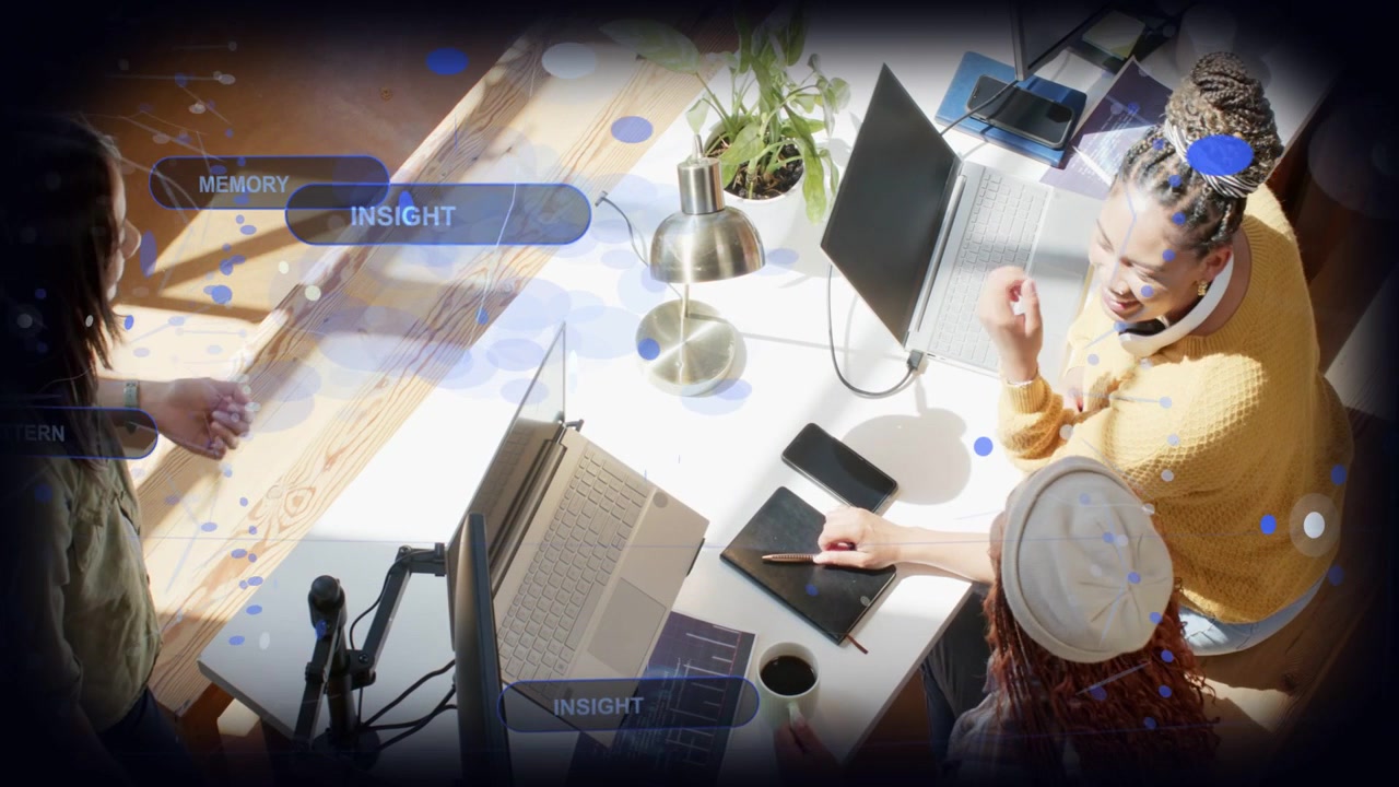 Standing woman leaning on ledge gesturing and leading team tapping tablet HUD guiding tech MEMORY