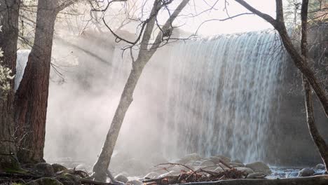 Close-up,-waterfall-water-splash,-drops-spray-with-golden-morning-light