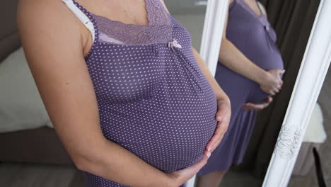 pregnant woman expecting a baby stands near the mirror. woman hands touching her tummy, waiting child. black cat jumps in the mirror reflection.