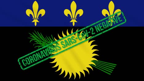 guadeloupe swaying black flag with green stamp of freedom from coronavirus, loop