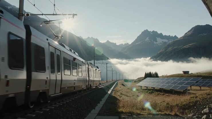Crossing tunnel threshold silver regional train moving into mountain valley, revealing pantograph