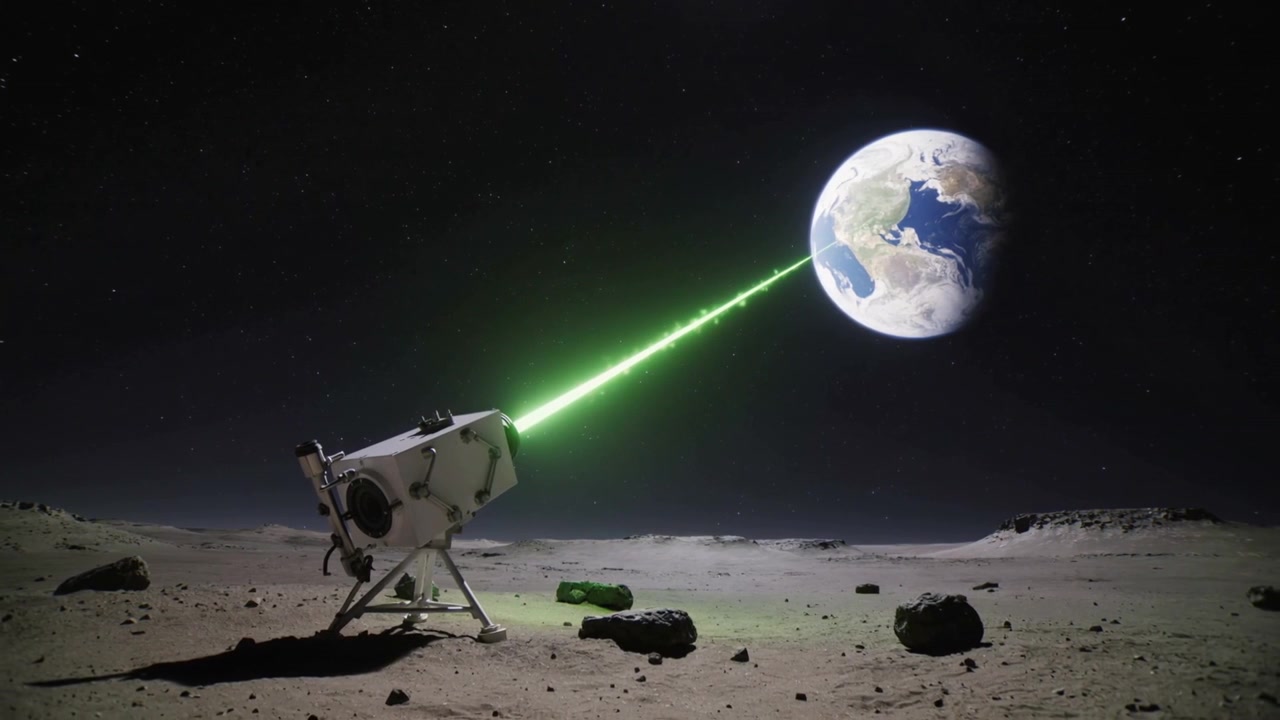 Emissor de tripé irradiando um feixe verde pulsante, sondando um planeta distante na superfície lunar.