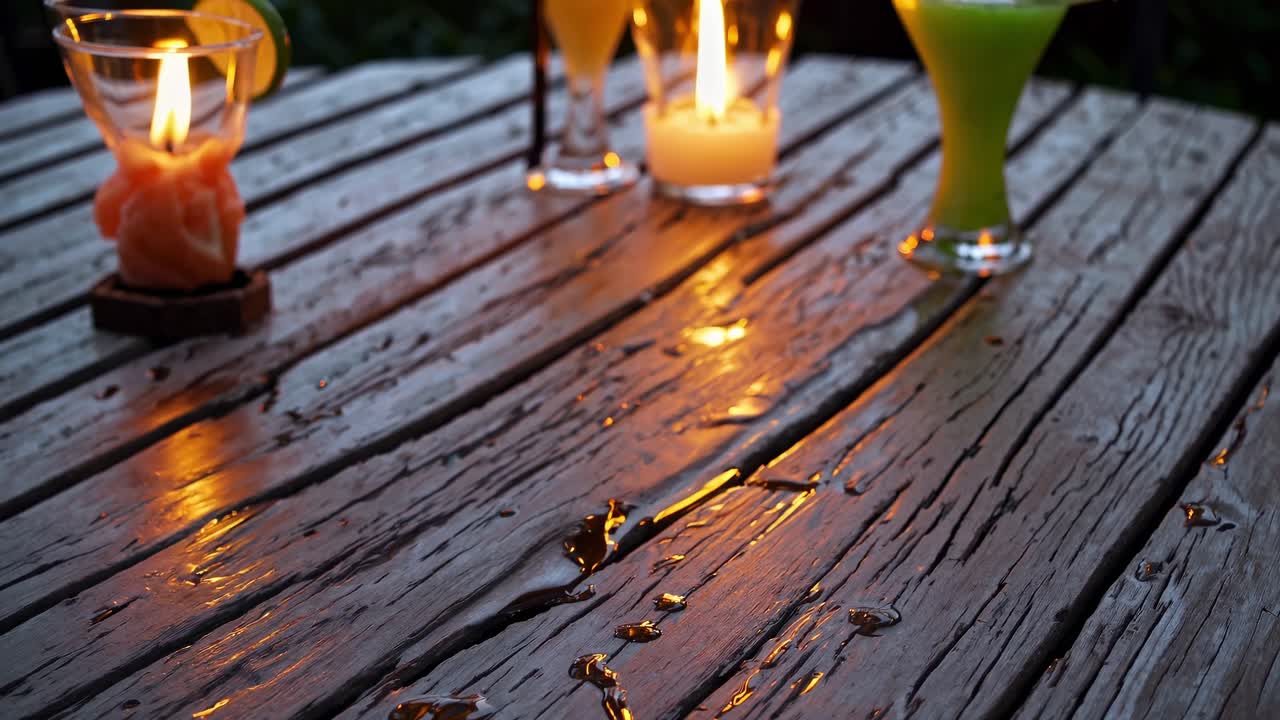 Warm light is reflecting on a wet wooden surface with planks and drops of water, creating a cozy and inviting atmosphere during a tropical evening