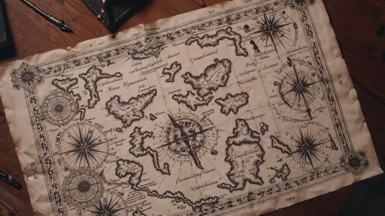 Vintage map on wooden table, captured from an overhead angle