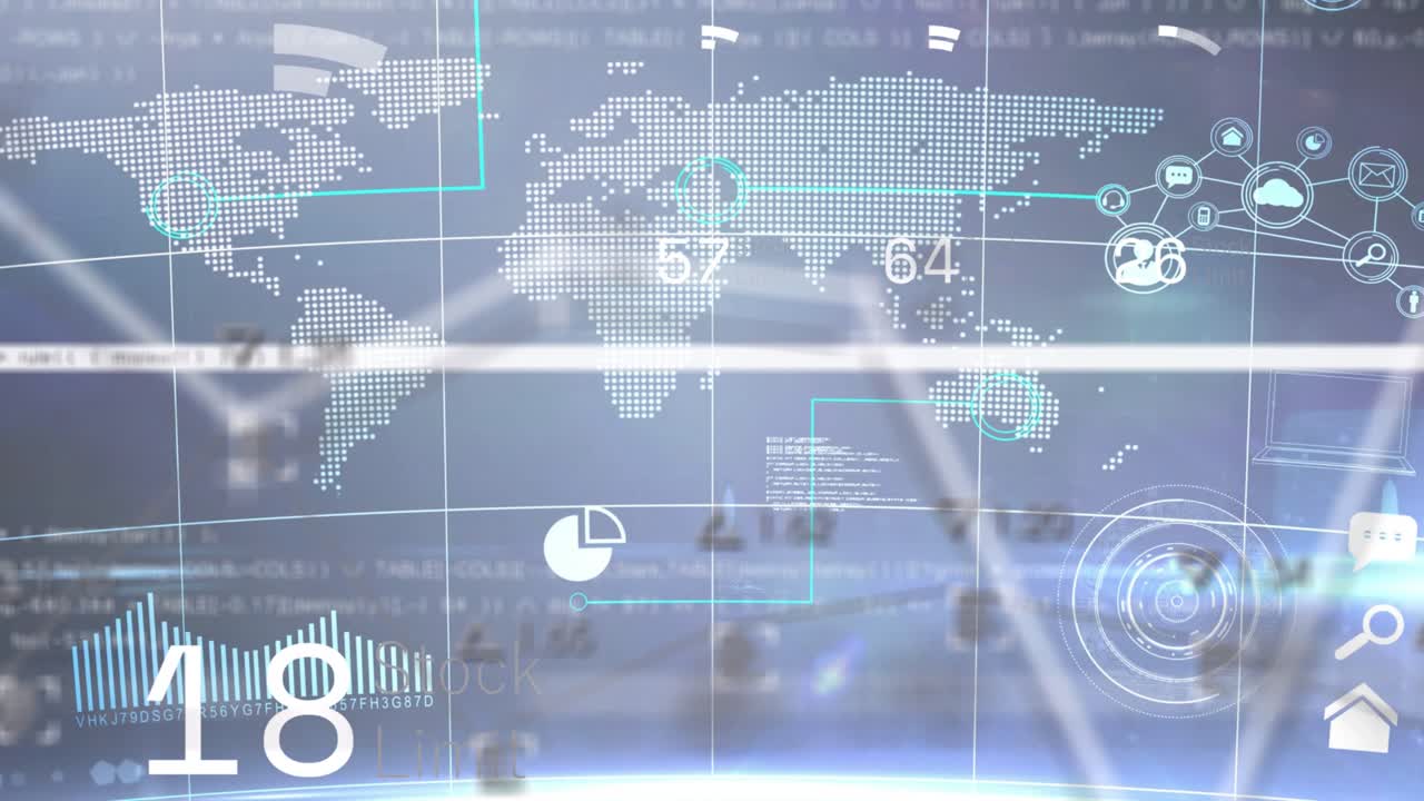 Animated global HUD reacting to waveform spike, years fading, rings sweeping, lines showing trends
