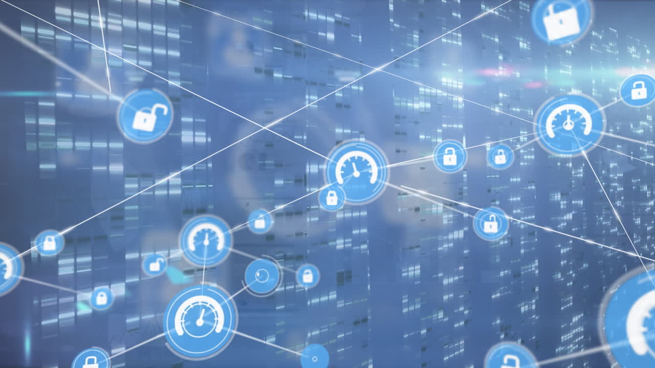 파란색 배경에 모자이크 사각형이 있는 화면 위의 디지털 아이콘 네트워크의 애니메이션