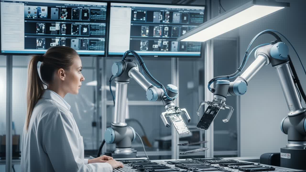 A Focused Technician Overseeing Robotic Automation in a Modern Laboratory, Streamlining Device Handling and Data Management Processes