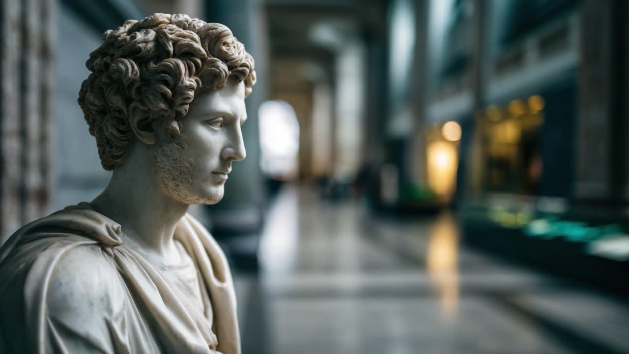 Intricate Marble Sculpture of a Young Man in an Elaborate Hallway, Showcasing the Mastery of Ancient Art against a Backdrop of Modern Museum Architecture