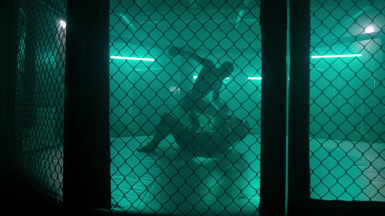 Silhouetten van twee vechters die trainen in een MMA-kooi met groen licht