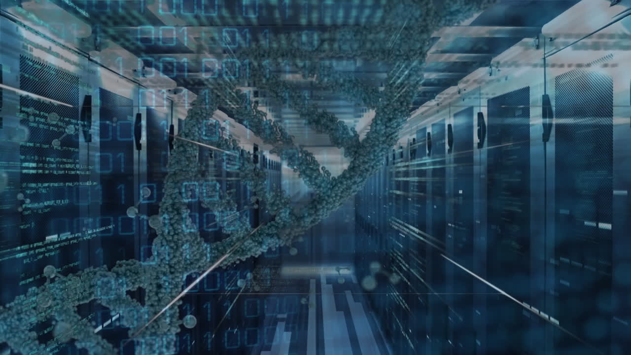 Animation of dna strand and data processing over server room