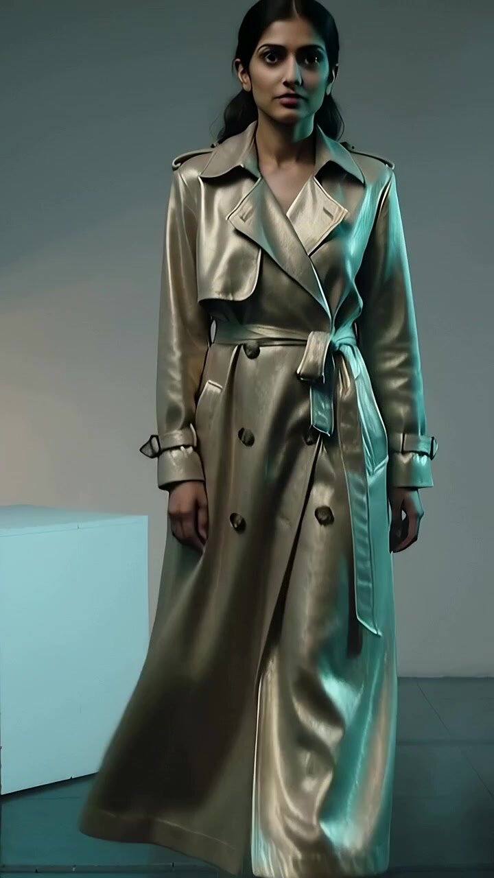 Vertikal video: Model går med metalfarvet trenchcoat i studie efter kamerakode