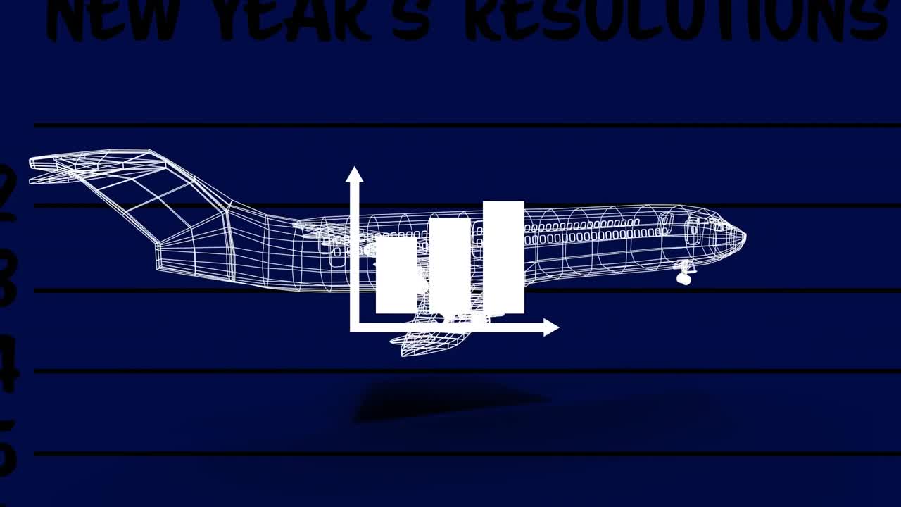파란색 배경에 회전하는 3d 비행기 모델 위에서 통계 처리의 애니메이션