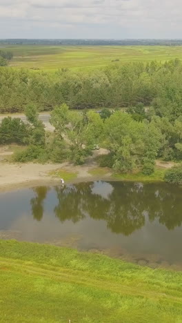 distant newlywed couple on green bank of large calm lake with reflected clouds on autumn day aerial view