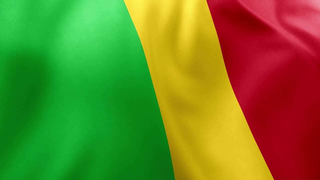 Realistic waving flag of Mali, green, yellow, red vertical stripes. West African nation symbol, Bamako, patriotism, Mali