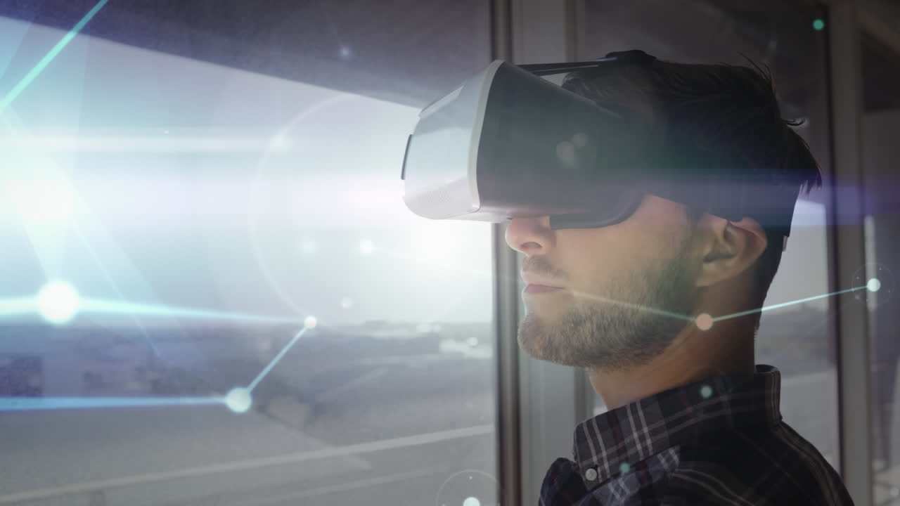 Digital composite video of man using virtual reality headset 4k