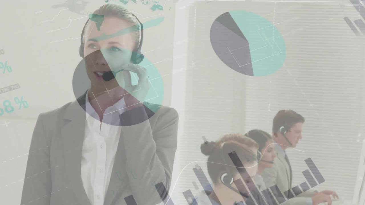 animación del registro de estadísticas sobre personas de negocios que usan auriculares telefónicos