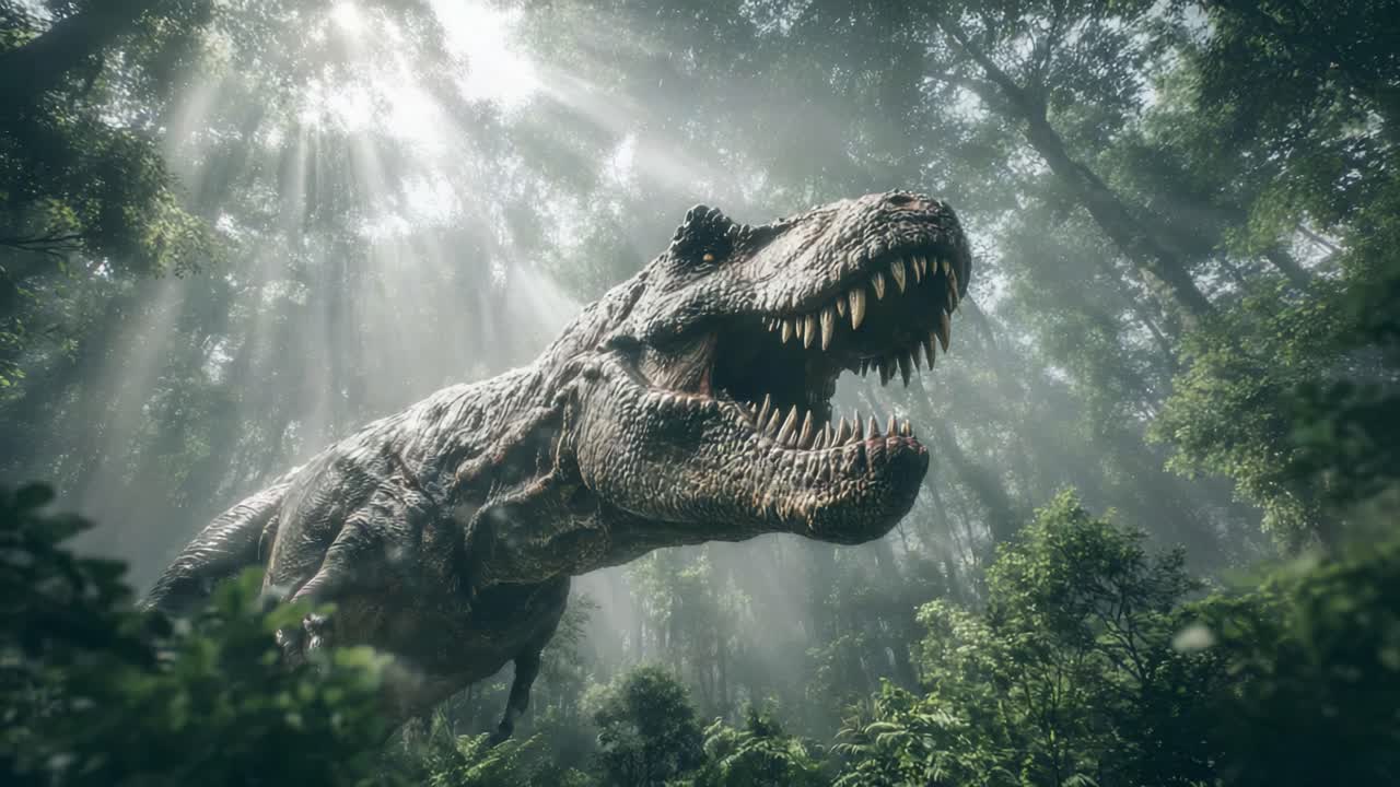 緑豊かな森林環境における雄大なティラノサウルス・レックス：密生した植物と葉を通して差し込む太陽光の中で捉えられた先史時代の生命の素晴らしい瞬間