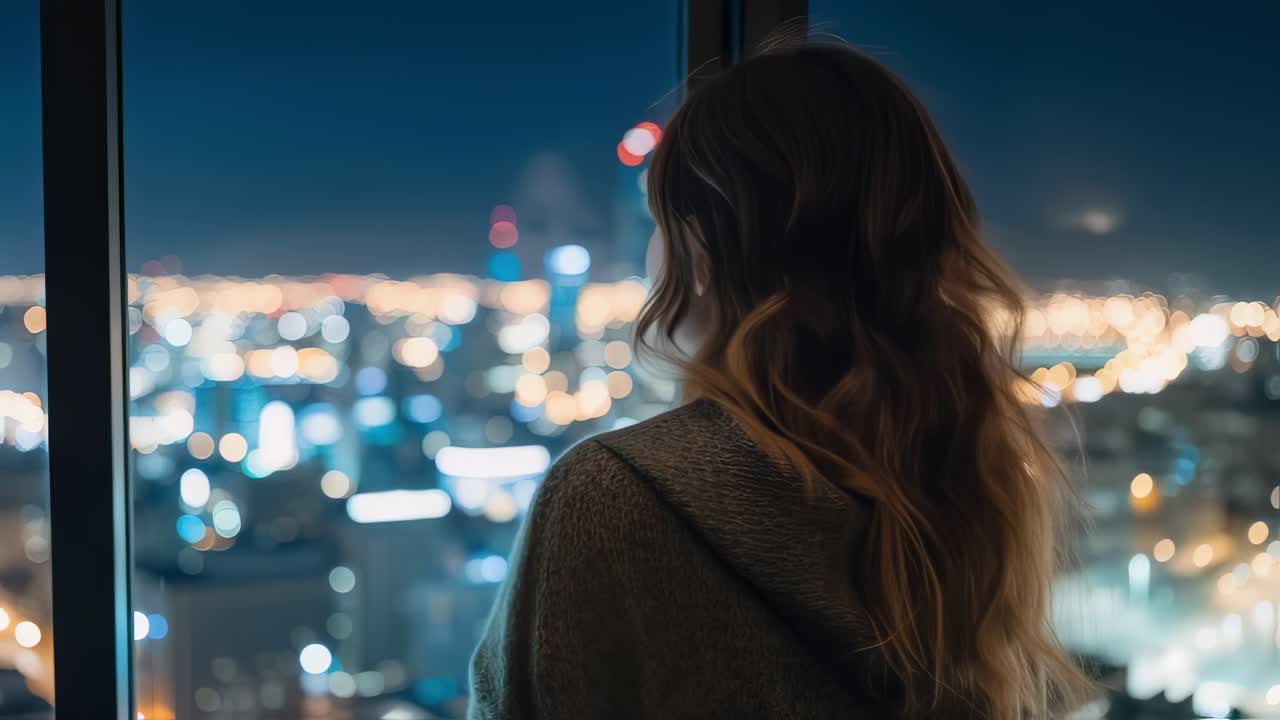 Young woman with long brown hair wearing bathrobe is enjoying stunning night view of illuminated metropolis from panoramic window of her modern apartment located on a high floor