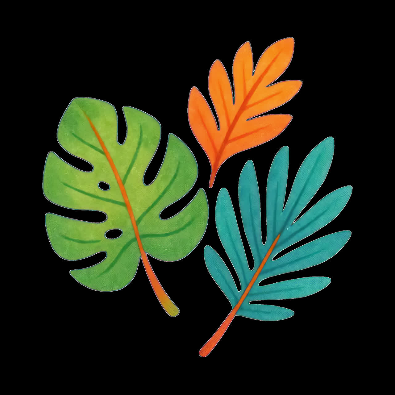 Colorful tropical leaves design animation isolated asset, transparent 4K video, alpha channel