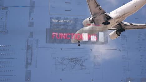 animation of analysing system text and processing data on interface over jet plane taking off